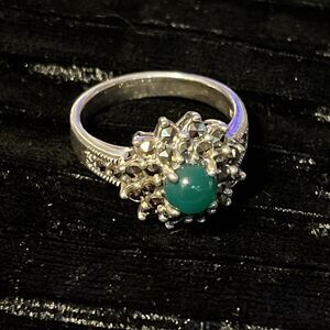 Antique Art Deco Sterling .925 Ring Green Stone Marcasite Size 7.5
